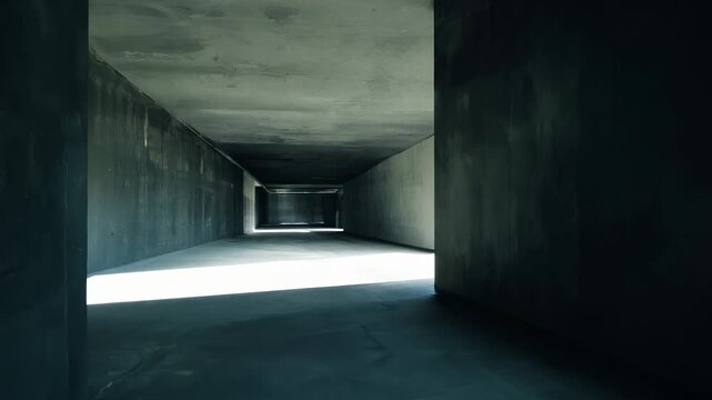 The scene shows a long, empty hallway with concrete walls and a bright light at the end. This hallway appears stark and spacious, accentuating the contrast between light and shadow.