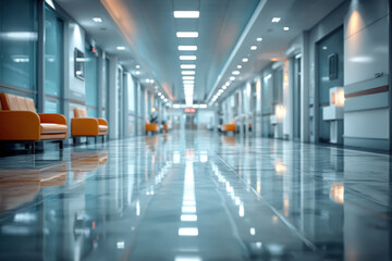 Fototapeta premium The interior of a modern clinic is reflected in the sparkling tiled floor. A blurred, empty image of the clinic.