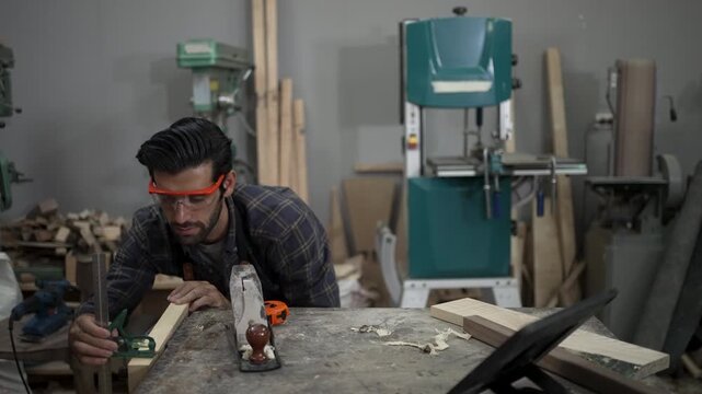 Carpenter is working at workshop. Small business and craft product.