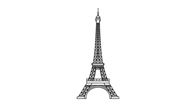 A detailed black and white line drawing depicts the iconic eiffel tower a landmark of paris france