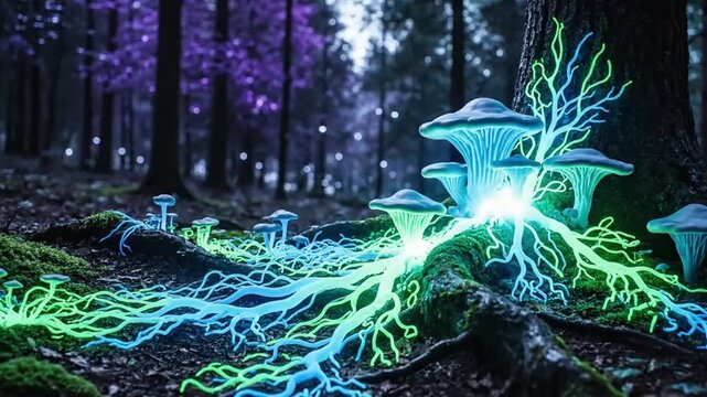 Glowing bioluminescent mushrooms and roots illuminate a mystical forest scene at night creating an enchanting fantasy landscape perfect for sci-fi or magical concepts