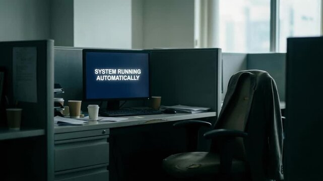 Ai employment displacement replacement anxiety office cubicle desk with computer screen system running automatically monitor glow empty workplace