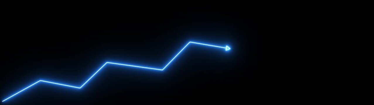 neon glowing zigzag line with upward arrow on black background, representing growth trend, progress, and rising performance.