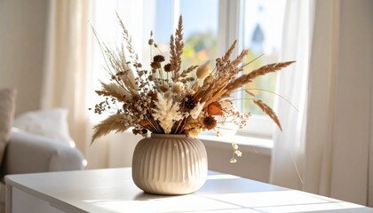 Fototapeta premium Elegant composition of dried flowers and natural pampas grass in a stylish vase, bathed in soft morning light, enhancing a cozy minimalist home interior