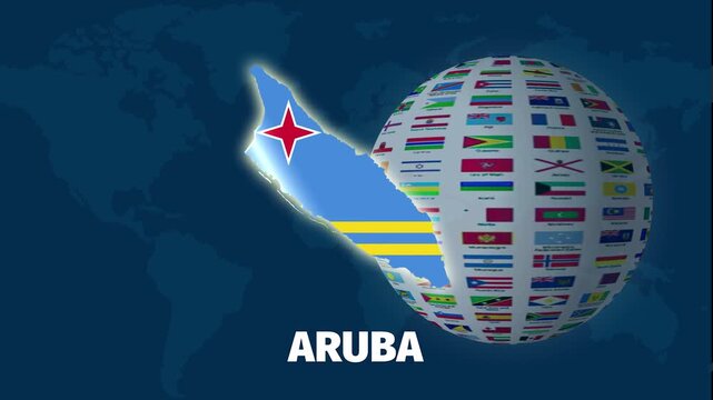 Aruba map, animation video with rotating globe, on blue background