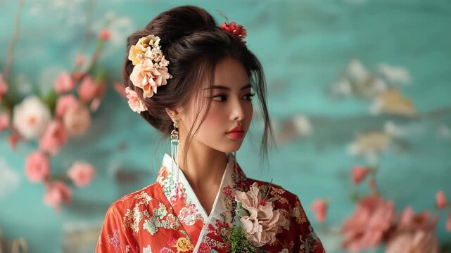Young woman showcasing an elegant traditional updo hairstyle adorned with colorful flowers wearing a vibrant floral kimono dress