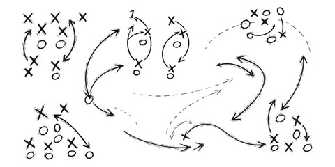 A detailed hand-drawn sports play diagram illustrating offensive and defensive player movements with x's and o's.