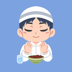 illustration of a cute boy praying at iftar