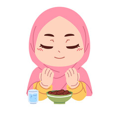 illustration of a cute girl praying at iftar