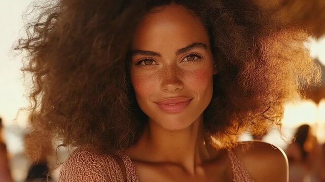 Beautiful woman with voluminous brown curly hair smiling warmly outdoors at golden hour, showcasing natural hair beauty and care