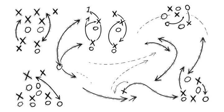 A detailed hand-drawn sports play diagram illustrating offensive and defensive player movements with x's and o's.