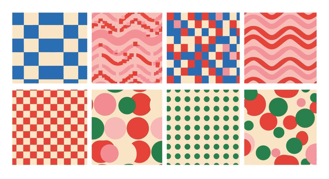 A collection of eight colorful, retro-inspired graphic patterns featuring geometric shapes and wavy lines on a cream background.