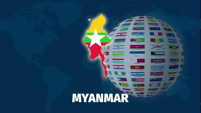 Myanmar map animation on rotating flag globe