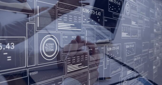 Analysts typing on laptops activating translucent HUD, populating data tiles and analyzing metrics