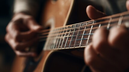 Fototapeta premium Close Up of Person Playing Acoustic Guitar Strings.