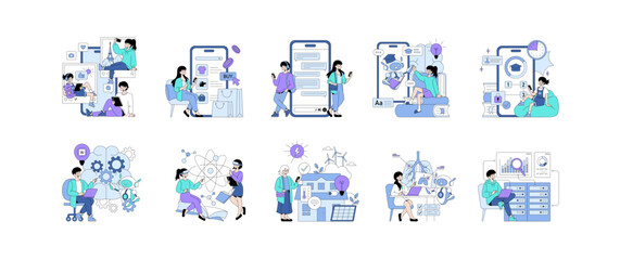 Obraz premium Diverse Technology Activities in Modern Vector Illustrations