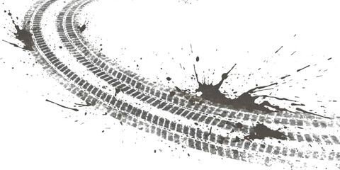 A graphic illustration of curved tire tracks with mud splatters on a clean white background
