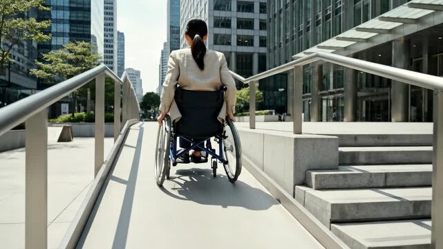 rear view of asian business woman in wheelchair moving up concrete ramp near stairs. disabled female going to office building. accessibility, urban mobility concept. city architecture.