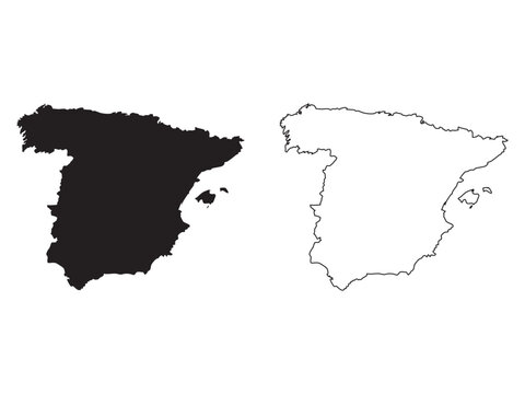 Spain map solid silhouette and outline set