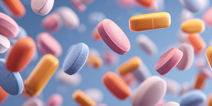 Flying colorful pills and tablets in motion against blue sky background symbolizing pharmaceutical concept, medication variety and healthcare treatment options
