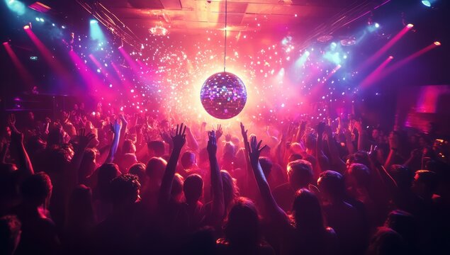 A disco ball in the center of an open club, surrounded by dancing people with their hands raised