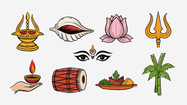 Maha Ashtami Vector Collection of Hindu Religious Symbols Including Conch Shell, Trident, Lotus, Drum, and Offerings for Durga Puja and Navratri Celebration