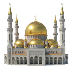 Fototapeta premium Grand mosque with golden domes and multiple minarets isolated on transparent background