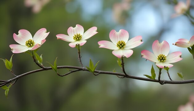 Beautiful pink dogwood flowers blooming on tree branch in spring