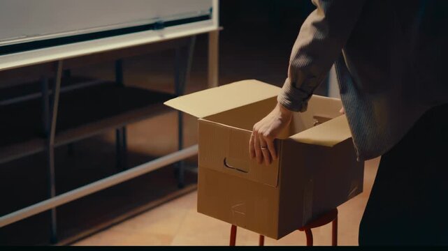 Close-up of box being placed and opened on chair in office scene