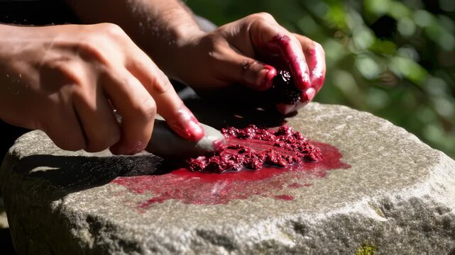 Hands Crushing Fresh Mulberries With Stone on Weathered Grinding Stone
