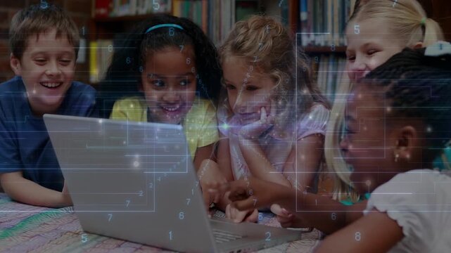 Six kids leaning over laptop in library, right child pressing key causing data overlay, learning