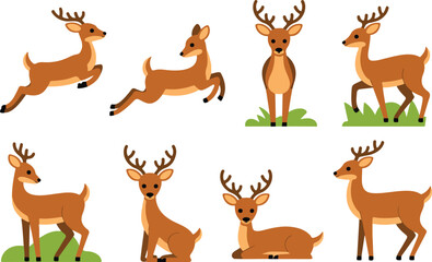 Fototapeta premium Cute Cartoon Deer and Stag Character Set in Multiple Poses for Kids Vector Design