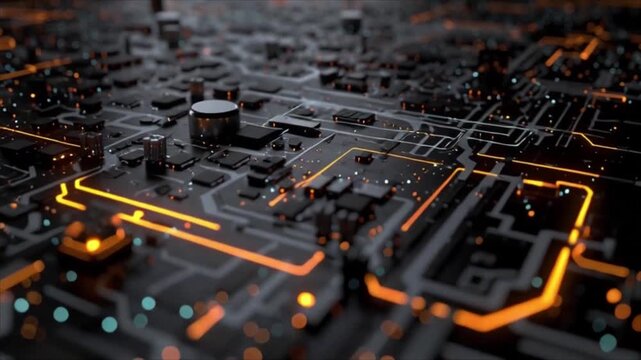 Advanced AI Technology Integrated Circuit Board with Neon Orange Pathways in a Futuristic Electronic Landscape View