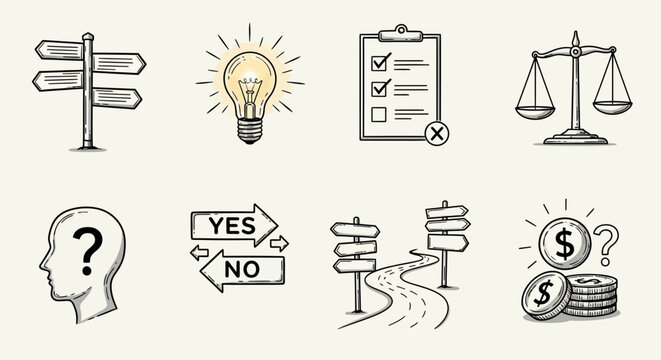 A collection of hand-drawn icons representing decision-making, ideas, and financial choices.