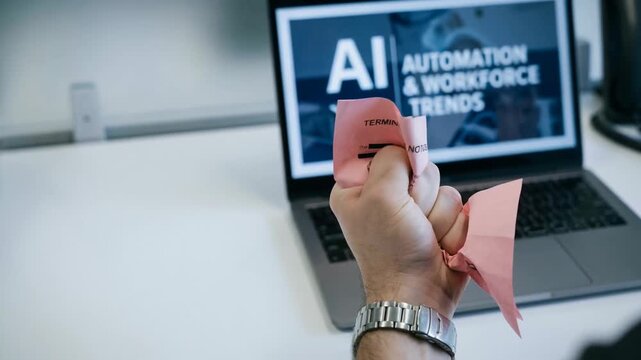 Ai employment displacement replacement anxiety tension at office desk male hand crush crumpled termination notice paper near laptop job loss fear
