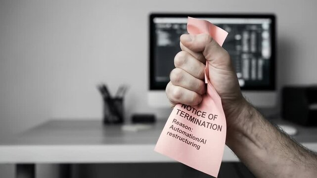 Ai employment displacement replacement anxiety automation layoff notice termination anger at office desk computer worker crushed paper notice