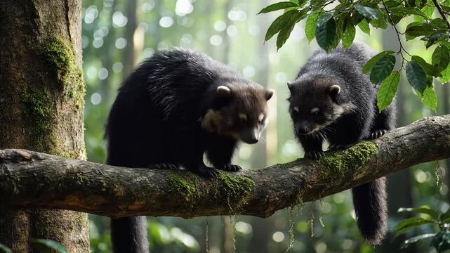 Rare wolverine exploring forest habitat with mossy tree branch