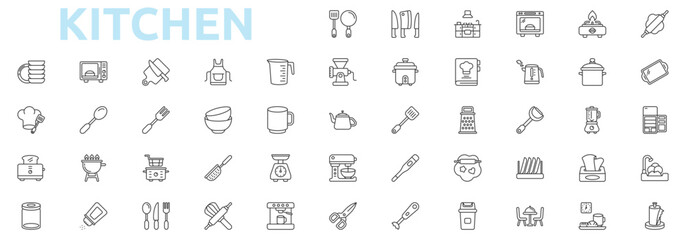 Kitchen icon set outline style with stove, dough roller, tray, fridge, washing dishes, paper towel, plates, microwaves, cutting board, apron icons