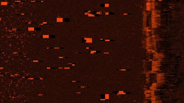 abstract glitch art background, pixelated digital noise, orange and black