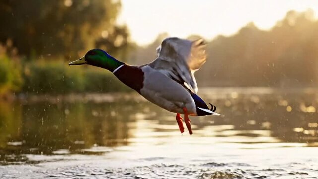 Mallard duck taking flight with splashing water, sunlit nature scene, graceful waterfowl in motion