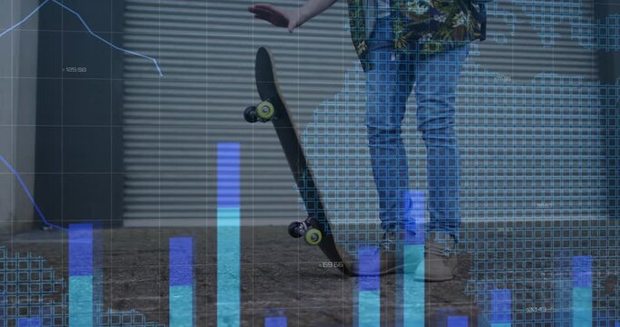 Skateboarder tapping foot by shutter, initiating data charts while lifting board preparing for ride