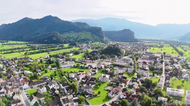 Flight over Burg Gutenberg Balzers Castle in Liechtenstein. Gutenberg Castle