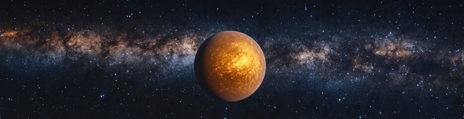 Fototapeta premium A large yellow planet in space with the Milky Way galaxy in the background.
