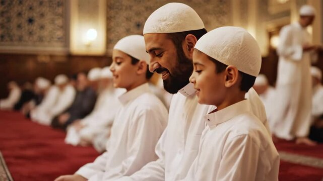 Muslim father with his two sons praying in a mosque. A happy family performing Dua supplication together. Islamic faith, tradition, and fatherhood concept