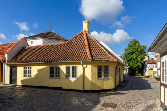Historic Birthplace of Hans Christian Andersen in Odense Denmark Yellow Half Timbered Vernacular House in the Old Town District