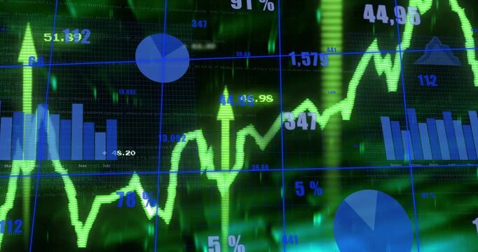 Neon green line chart responding to data feed, rising and fluctuating across blue grid