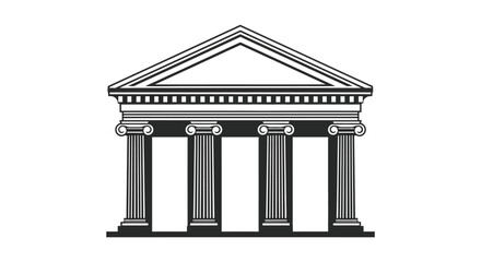 Obraz premium A stylized black and white illustration depicts a classical building facade with prominent columns and a triangular pediment