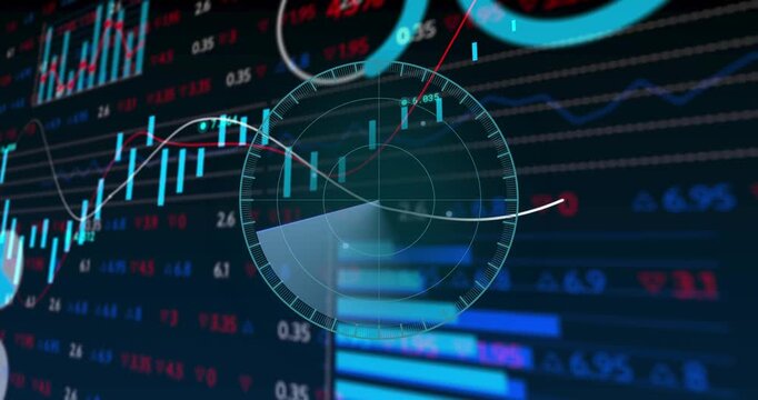 HUD appearing, radar sweep rotating, waveforms oscillating, charts updating, showing market data