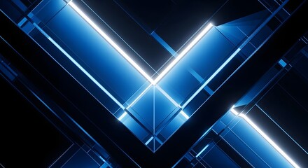 Fototapeta premium Abstract neon blue glowing chevron shapes form a sharp geometric digital technology background structure