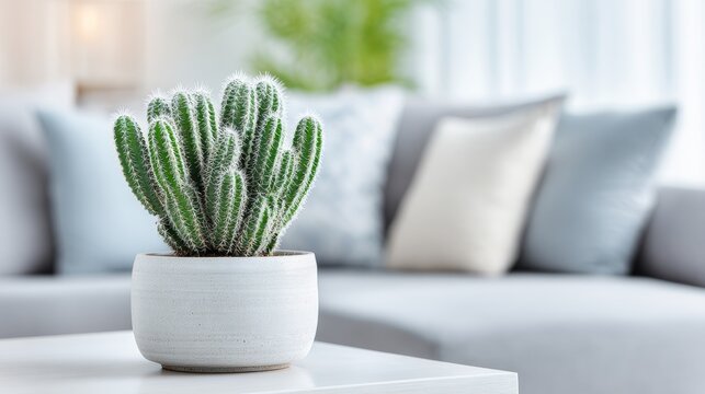 Bright Interior with Cactus Plant on Table and Soft Couch Decor